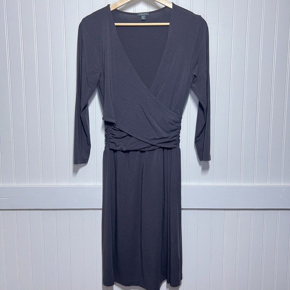 Lilla P Dress Nursing Maternity Gray Minimalist  Faux Wrap M V-Neck Ruched Pima